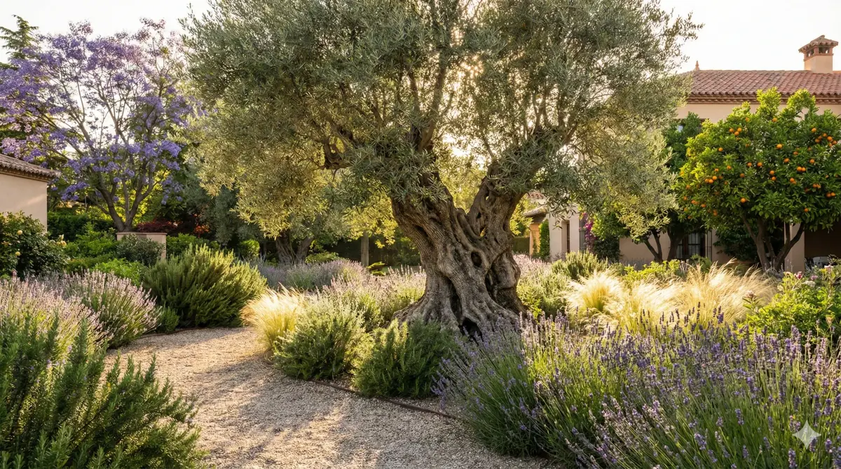 Árboles ornamentales en un jardín residencial de Madrid