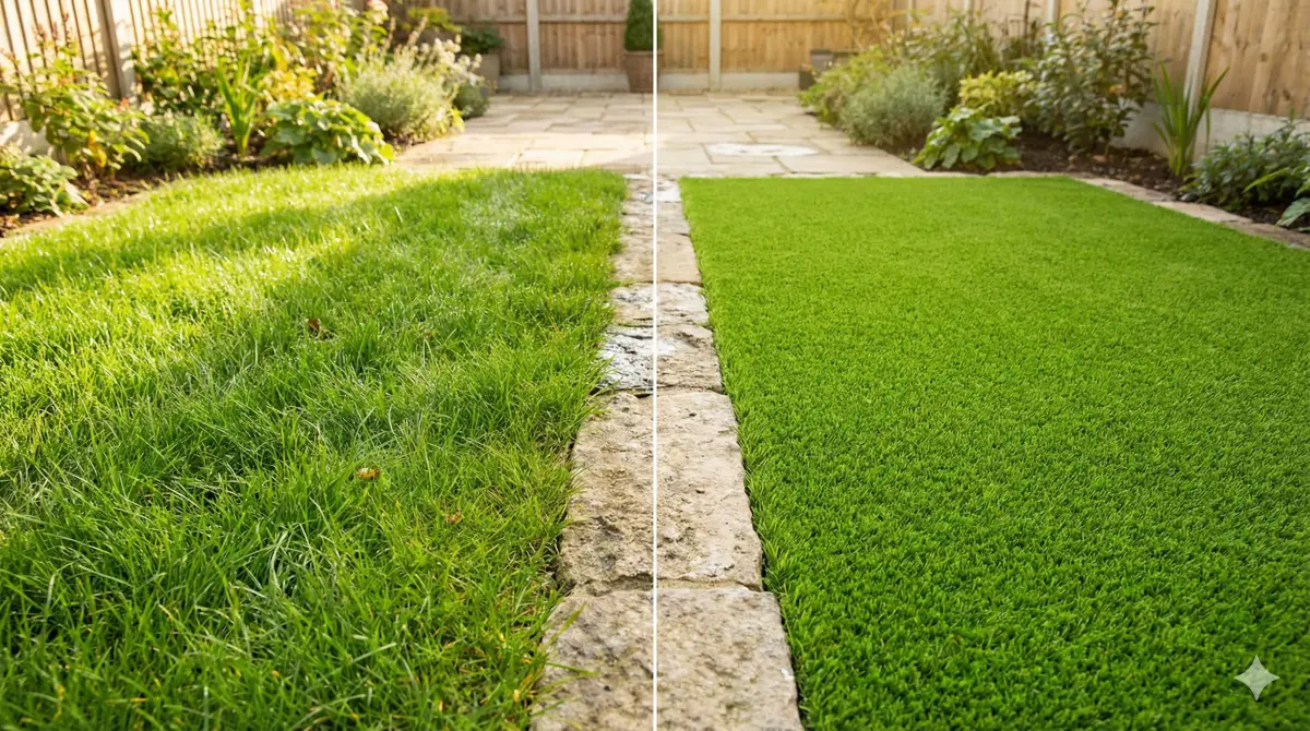 Comparativa visual entre césped artificial y césped natural en un jardín
